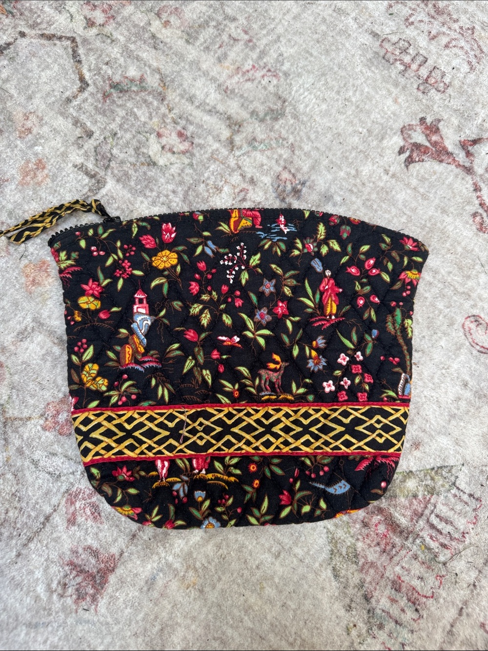 Vera Bradley Black Floral Quilted Cosmetic Pouch with Yellow Trim